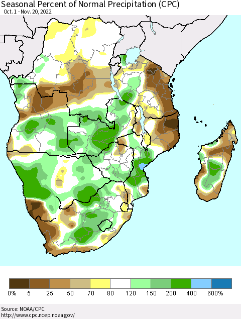 Southern Africa Seasonal Percent of Normal Precipitation (CPC) Thematic Map For 10/1/2022 - 11/20/2022