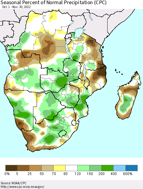 Southern Africa Seasonal Percent of Normal Precipitation (CPC) Thematic Map For 10/1/2022 - 11/30/2022