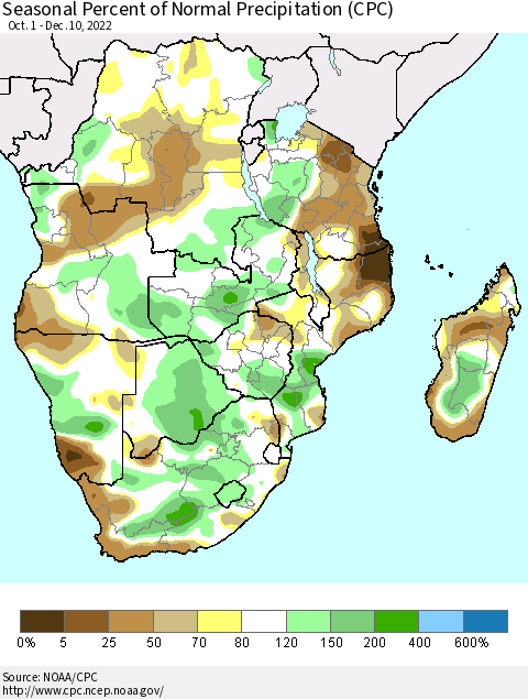 Southern Africa Seasonal Percent of Normal Precipitation (CPC) Thematic Map For 10/1/2022 - 12/10/2022