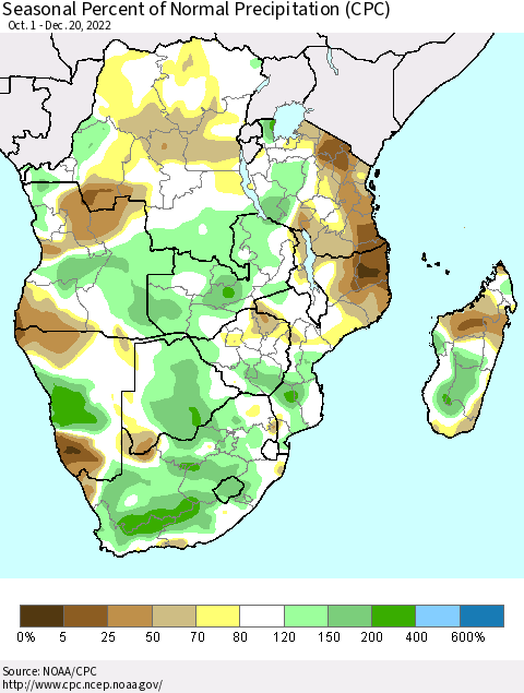 Southern Africa Seasonal Percent of Normal Precipitation (CPC) Thematic Map For 10/1/2022 - 12/20/2022
