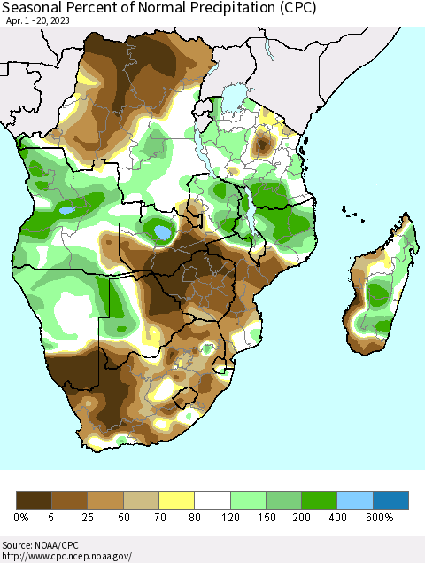 Southern Africa Seasonal Percent of Normal Precipitation (CPC) Thematic Map For 4/1/2023 - 4/20/2023