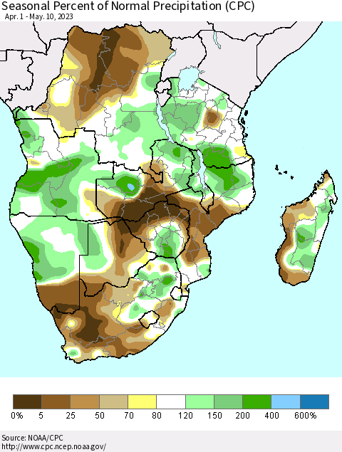 Southern Africa Seasonal Percent of Normal Precipitation (CPC) Thematic Map For 4/1/2023 - 5/10/2023