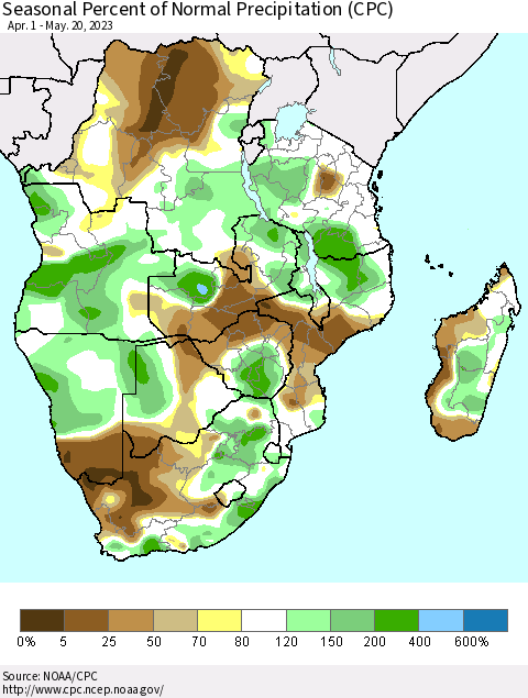 Southern Africa Seasonal Percent of Normal Precipitation (CPC) Thematic Map For 4/1/2023 - 5/20/2023