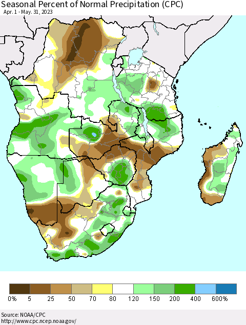Southern Africa Seasonal Percent of Normal Precipitation (CPC) Thematic Map For 4/1/2023 - 5/31/2023