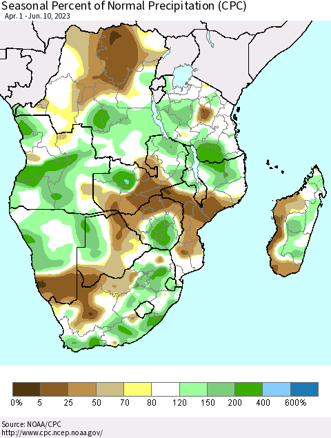 Southern Africa Seasonal Percent of Normal Precipitation (CPC) Thematic Map For 4/1/2023 - 6/10/2023