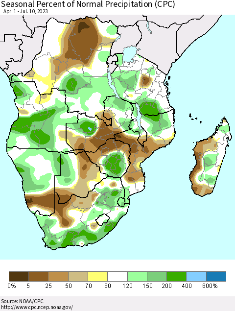 Southern Africa Seasonal Percent of Normal Precipitation (CPC) Thematic Map For 4/1/2023 - 7/10/2023