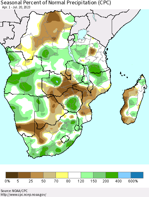 Southern Africa Seasonal Percent of Normal Precipitation (CPC) Thematic Map For 4/1/2023 - 7/20/2023