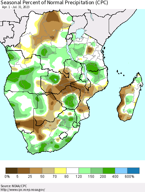 Southern Africa Seasonal Percent of Normal Precipitation (CPC) Thematic Map For 4/1/2023 - 7/31/2023