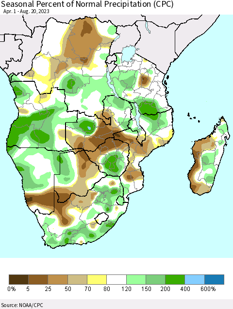Southern Africa Seasonal Percent of Normal Precipitation (CPC) Thematic Map For 4/1/2023 - 8/20/2023
