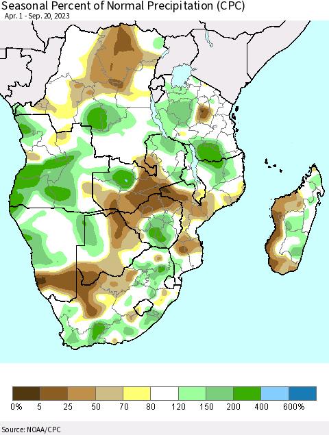 Southern Africa Seasonal Percent of Normal Precipitation (CPC) Thematic Map For 4/1/2023 - 9/20/2023