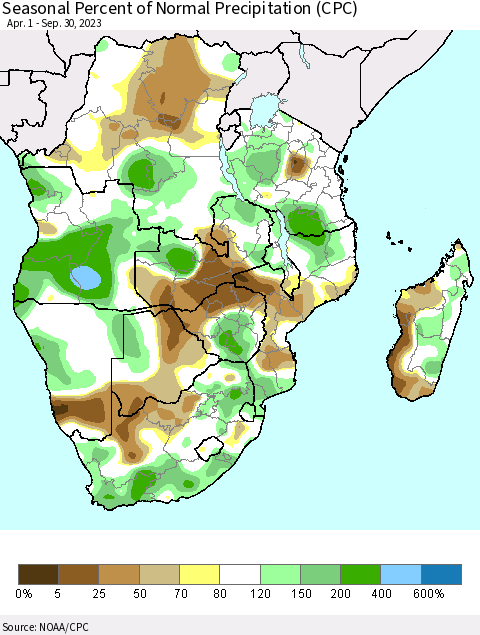 Southern Africa Seasonal Percent of Normal Precipitation (CPC) Thematic Map For 4/1/2023 - 9/30/2023