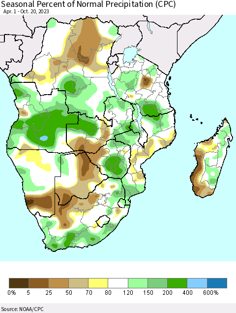 Southern Africa Seasonal Percent of Normal Precipitation (CPC) Thematic Map For 4/1/2023 - 10/20/2023