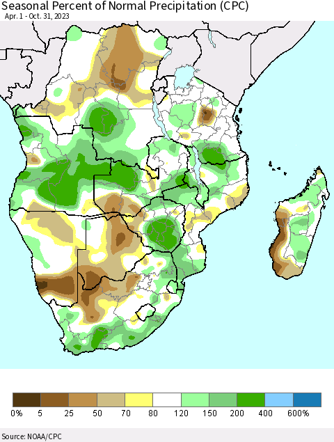 Southern Africa Seasonal Percent of Normal Precipitation (CPC) Thematic Map For 4/1/2023 - 10/31/2023