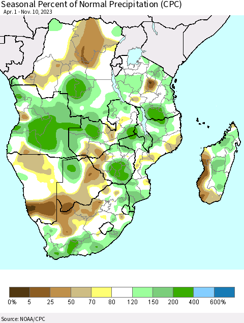 Southern Africa Seasonal Percent of Normal Precipitation (CPC) Thematic Map For 4/1/2023 - 11/10/2023