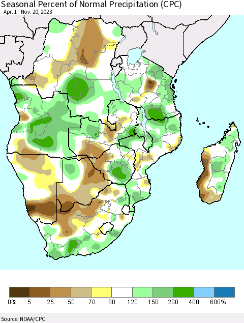 Southern Africa Seasonal Percent of Normal Precipitation (CPC) Thematic Map For 4/1/2023 - 11/20/2023