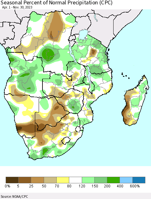 Southern Africa Seasonal Percent of Normal Precipitation (CPC) Thematic Map For 4/1/2023 - 11/30/2023