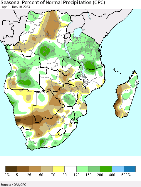 Southern Africa Seasonal Percent of Normal Precipitation (CPC) Thematic Map For 4/1/2023 - 12/10/2023