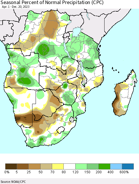 Southern Africa Seasonal Percent of Normal Precipitation (CPC) Thematic Map For 4/1/2023 - 12/20/2023