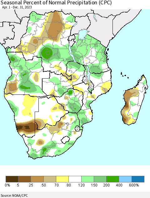 Southern Africa Seasonal Percent of Normal Precipitation (CPC) Thematic Map For 4/1/2023 - 12/31/2023