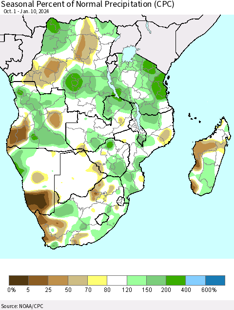 Southern Africa Seasonal Percent of Normal Precipitation (CPC) Thematic Map For 10/1/2023 - 1/10/2024