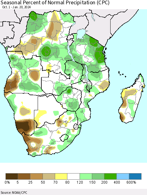 Southern Africa Seasonal Percent of Normal Precipitation (CPC) Thematic Map For 10/1/2023 - 1/20/2024