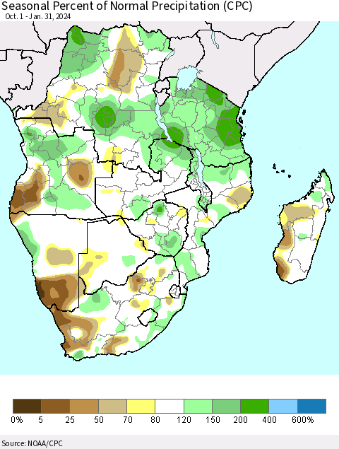 Southern Africa Seasonal Percent of Normal Precipitation (CPC) Thematic Map For 10/1/2023 - 1/31/2024