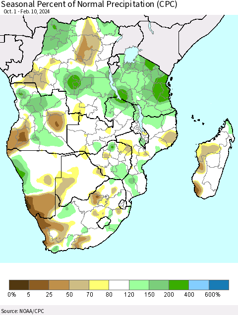 Southern Africa Seasonal Percent of Normal Precipitation (CPC) Thematic Map For 10/1/2023 - 2/10/2024