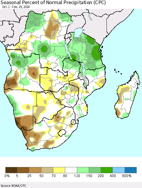 Southern Africa Seasonal Percent of Normal Precipitation (CPC) Thematic Map For 10/1/2023 - 2/29/2024