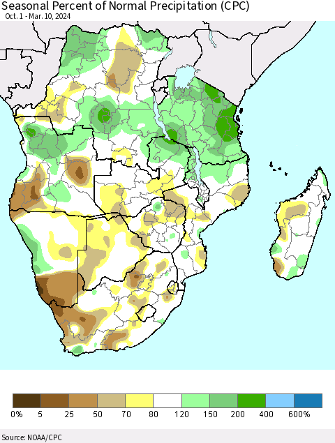Southern Africa Seasonal Percent of Normal Precipitation (CPC) Thematic Map For 10/1/2023 - 3/10/2024