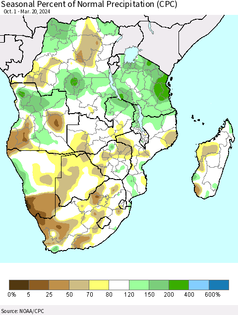 Southern Africa Seasonal Percent of Normal Precipitation (CPC) Thematic Map For 10/1/2023 - 3/20/2024