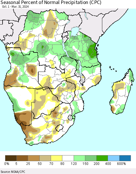 Southern Africa Seasonal Percent of Normal Precipitation (CPC) Thematic Map For 10/1/2023 - 3/31/2024