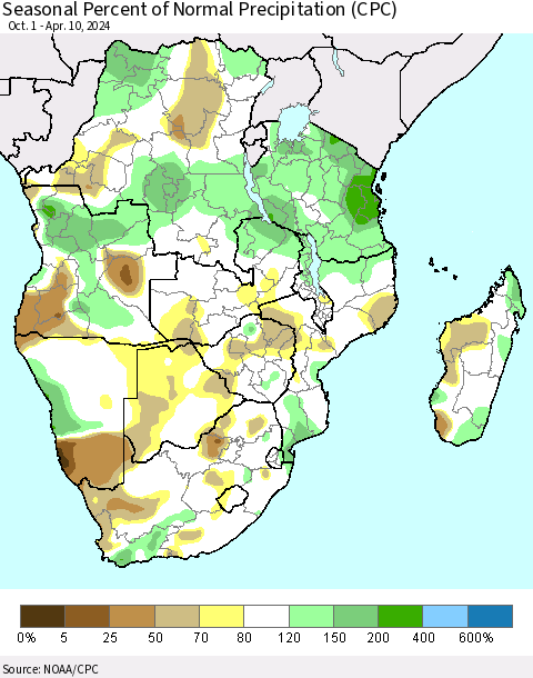 Southern Africa Seasonal Percent of Normal Precipitation (CPC) Thematic Map For 10/1/2023 - 4/10/2024