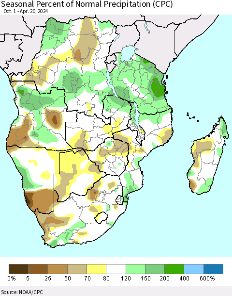 Southern Africa Seasonal Percent of Normal Precipitation (CPC) Thematic Map For 10/1/2023 - 4/20/2024