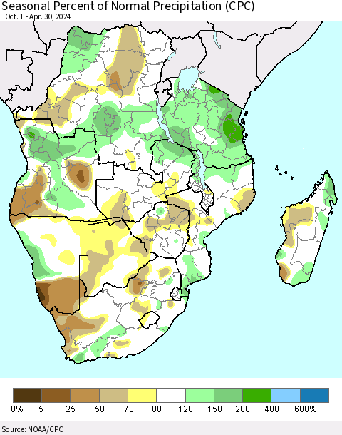 Southern Africa Seasonal Percent of Normal Precipitation (CPC) Thematic Map For 10/1/2023 - 4/30/2024
