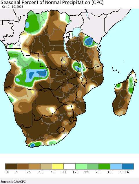 Southern Africa Seasonal Percent of Normal Precipitation (CPC) Thematic Map For 10/1/2023 - 10/10/2023