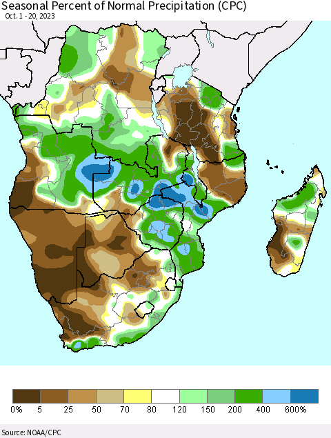 Southern Africa Seasonal Percent of Normal Precipitation (CPC) Thematic Map For 10/1/2023 - 10/20/2023
