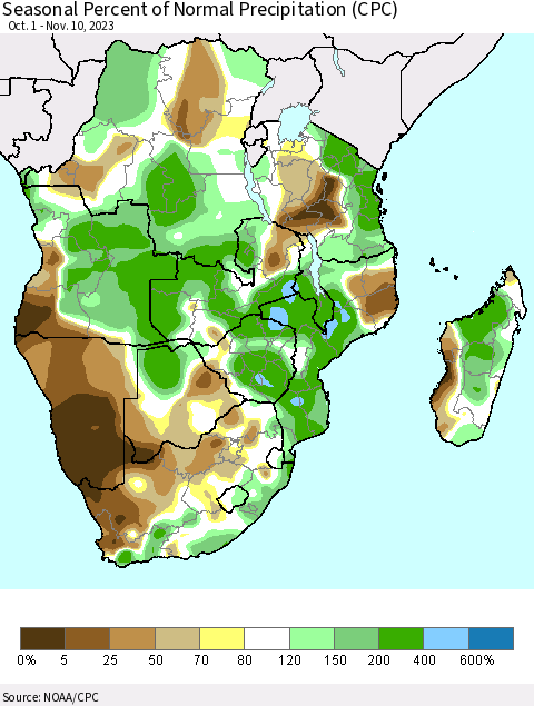 Southern Africa Seasonal Percent of Normal Precipitation (CPC) Thematic Map For 10/1/2023 - 11/10/2023