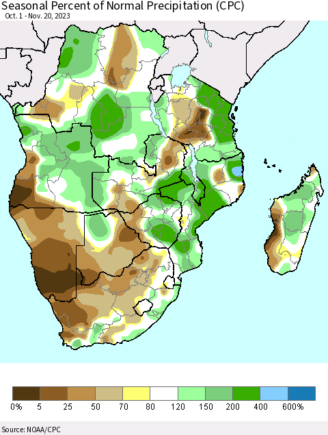 Southern Africa Seasonal Percent of Normal Precipitation (CPC) Thematic Map For 10/1/2023 - 11/20/2023