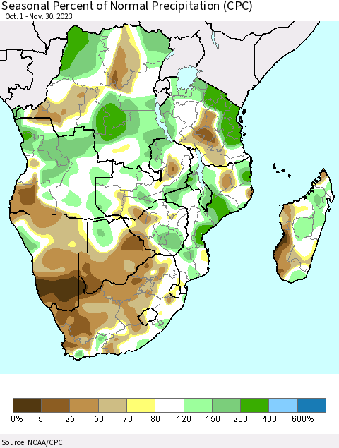 Southern Africa Seasonal Percent of Normal Precipitation (CPC) Thematic Map For 10/1/2023 - 11/30/2023