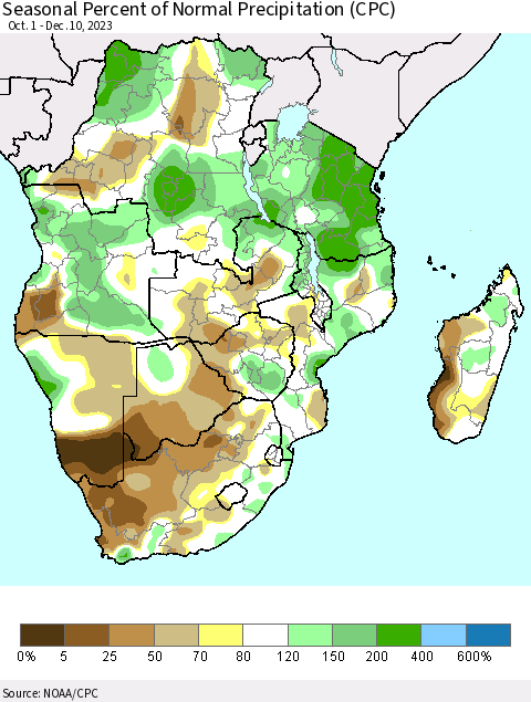 Southern Africa Seasonal Percent of Normal Precipitation (CPC) Thematic Map For 10/1/2023 - 12/10/2023