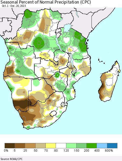 Southern Africa Seasonal Percent of Normal Precipitation (CPC) Thematic Map For 10/1/2023 - 12/20/2023