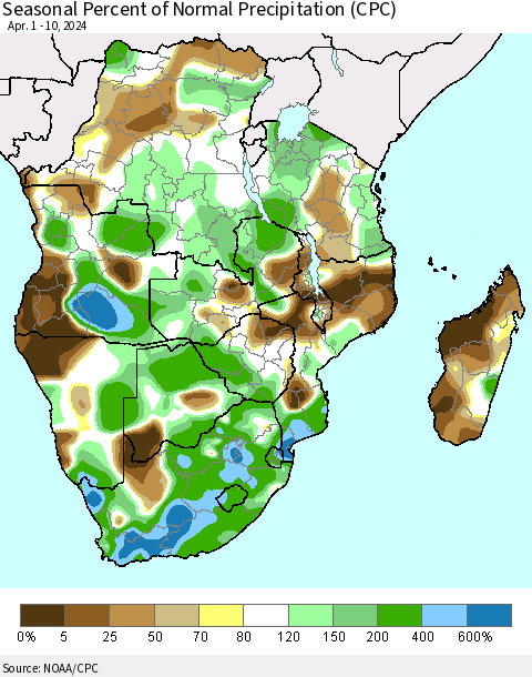 Southern Africa Seasonal Percent of Normal Precipitation (CPC) Thematic Map For 4/1/2024 - 4/10/2024