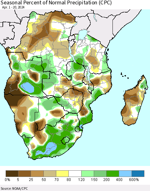 Southern Africa Seasonal Percent of Normal Precipitation (CPC) Thematic Map For 4/1/2024 - 4/20/2024