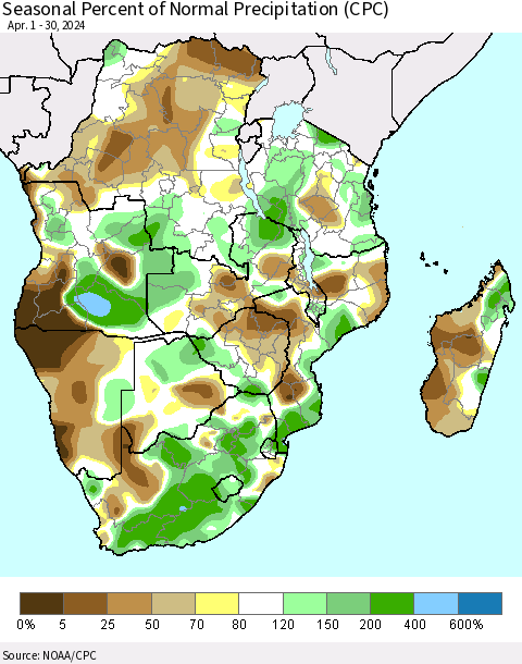 Southern Africa Seasonal Percent of Normal Precipitation (CPC) Thematic Map For 4/1/2024 - 4/30/2024