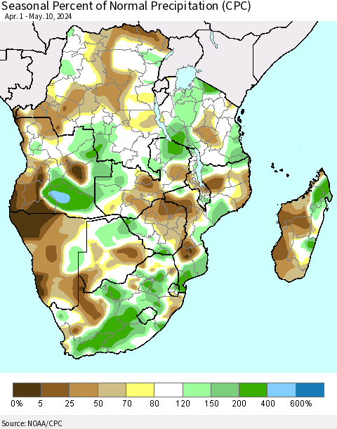 Southern Africa Seasonal Percent of Normal Precipitation (CPC) Thematic Map For 4/1/2024 - 5/10/2024