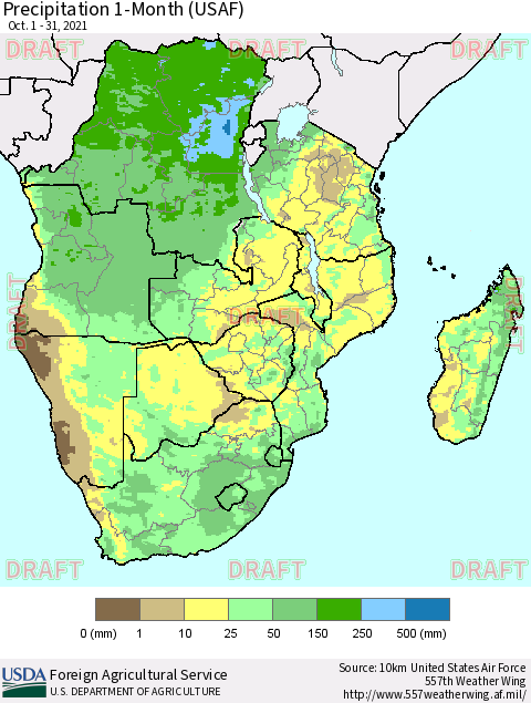 Southern Africa Precipitation 1-Month (USAF) Thematic Map For 10/1/2021 - 10/31/2021