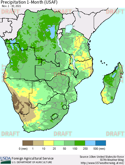 Southern Africa Precipitation 1-Month (USAF) Thematic Map For 11/1/2021 - 11/30/2021