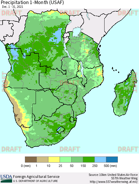 Southern Africa Precipitation 1-Month (USAF) Thematic Map For 12/1/2021 - 12/31/2021
