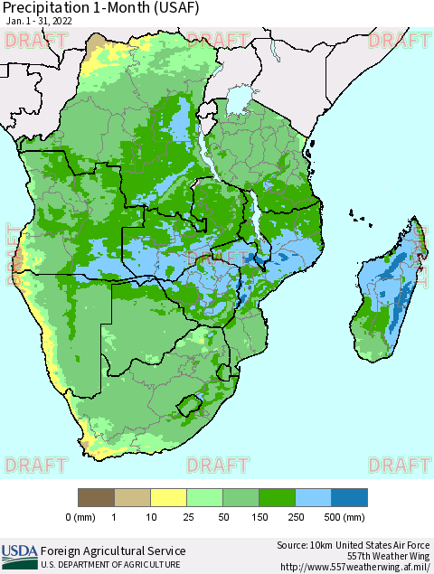 Southern Africa Precipitation 1-Month (USAF) Thematic Map For 1/1/2022 - 1/31/2022