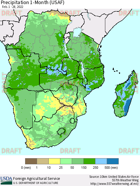 Southern Africa Precipitation 1-Month (USAF) Thematic Map For 2/1/2022 - 2/28/2022